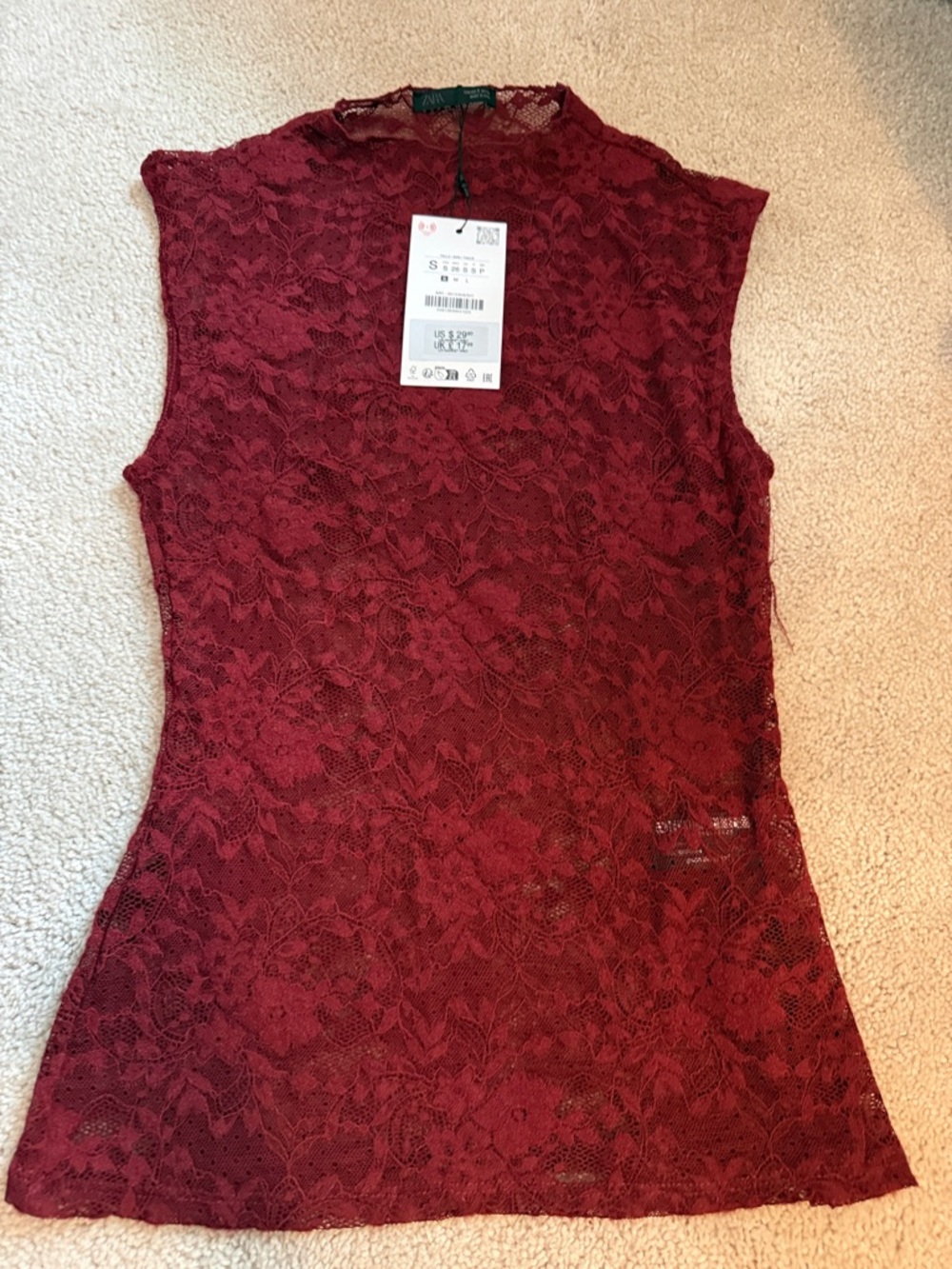 Zara lace sleeveless top new small burgundy wine
